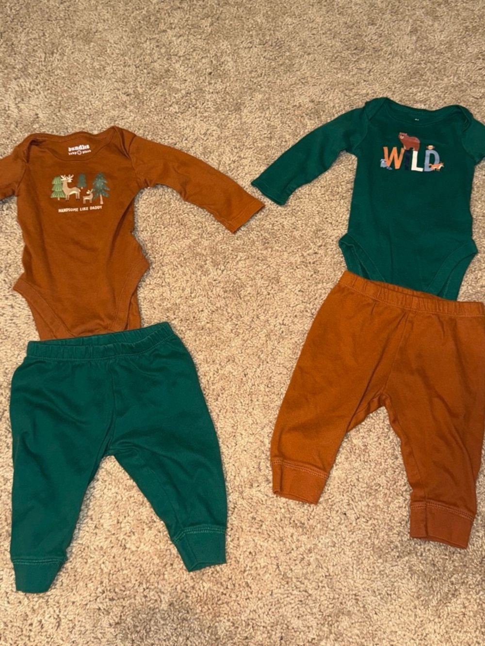 Green and Rust Baby Bodysuit and Pants Set - Woodland Prints